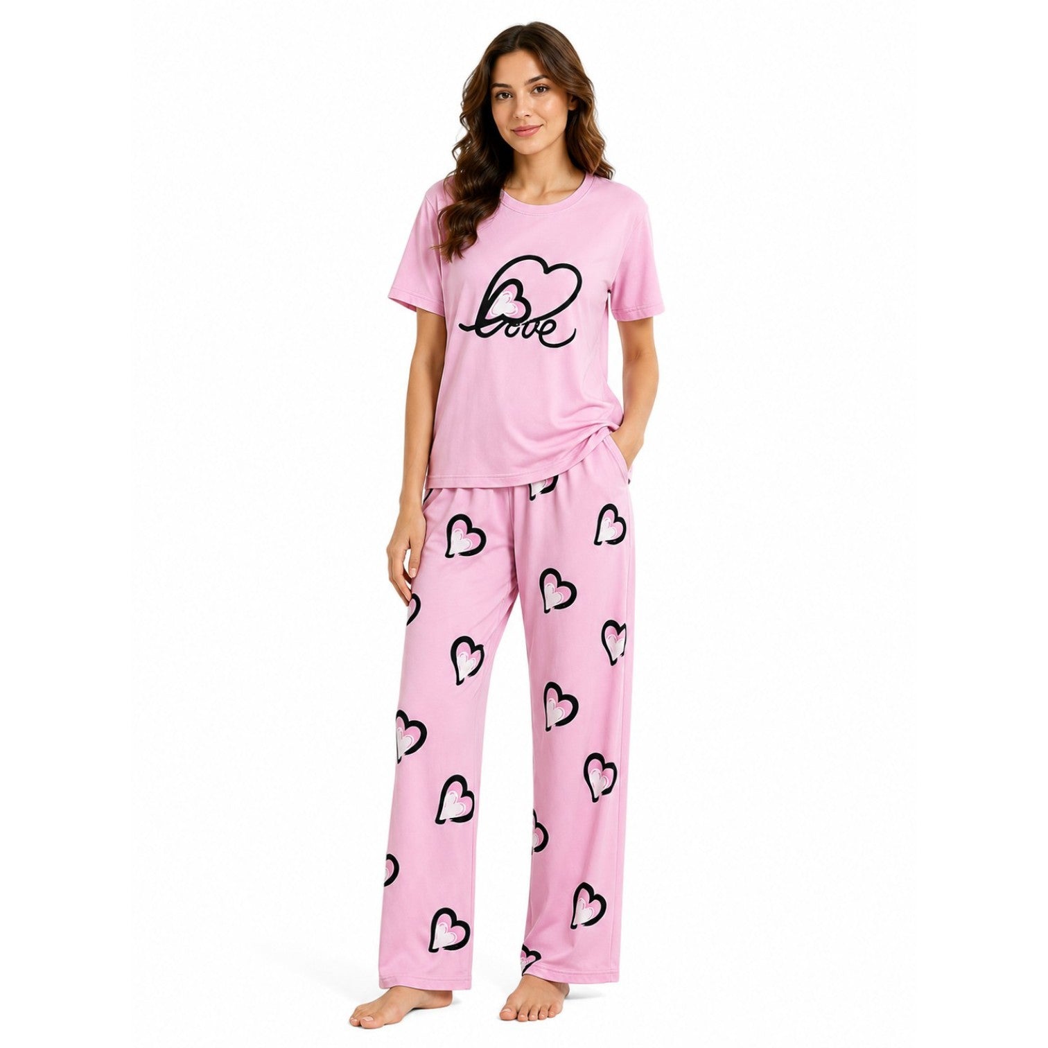 Women's Night Suit Pink hearts