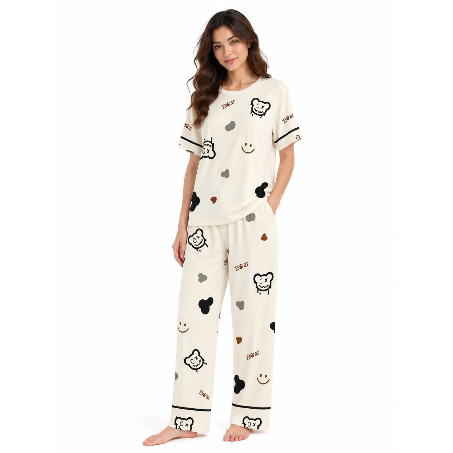 Women's Night Suit Cream teddy