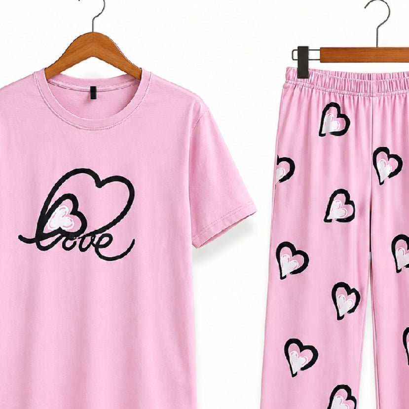 Women's Night Suit Pink hearts