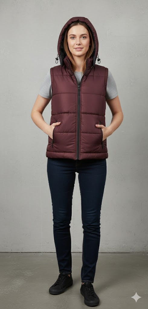Women' s Puffer Jacket Without Sleeves red or maroon